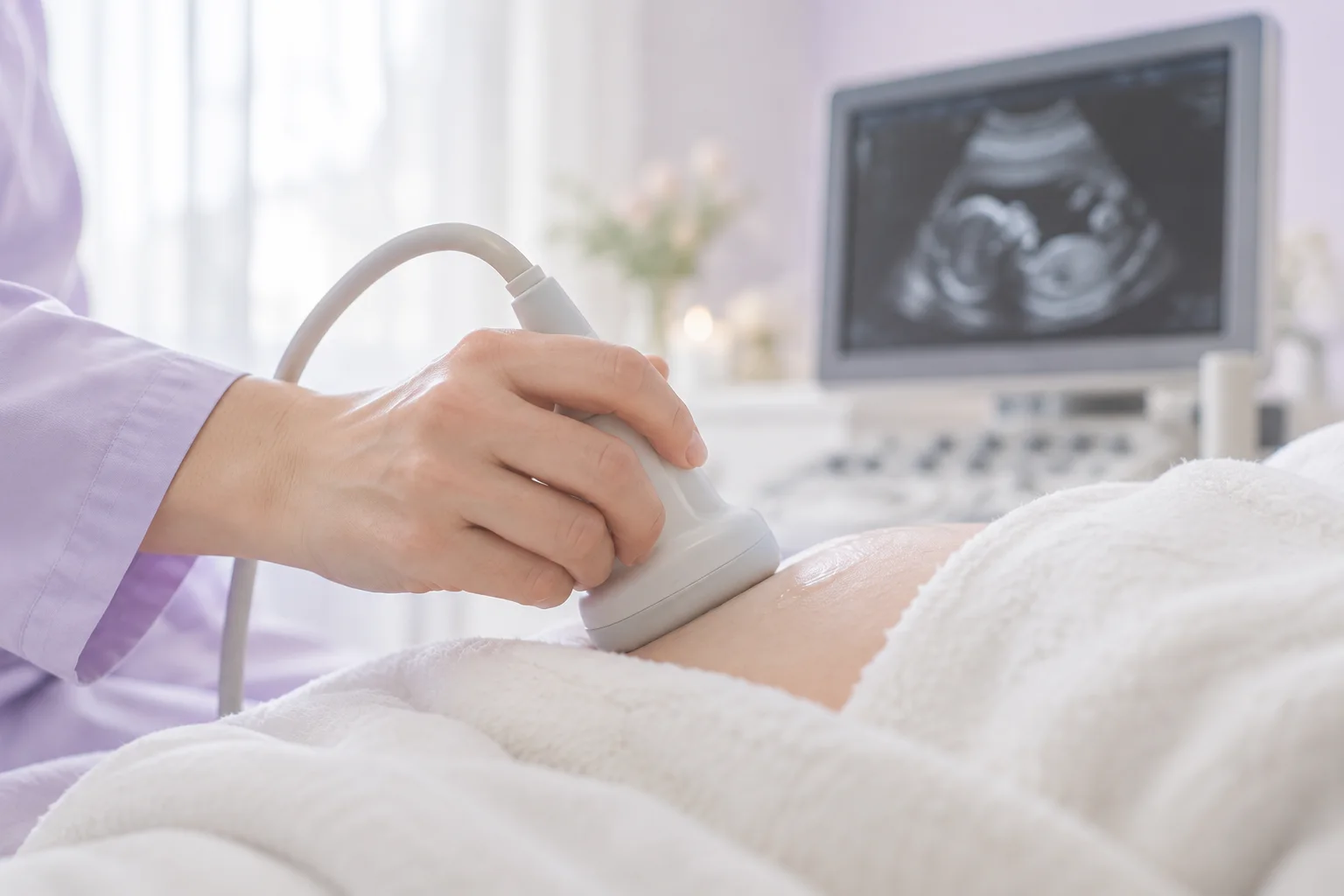 A doctor holding an ultrasound probe during a pregnancy scan