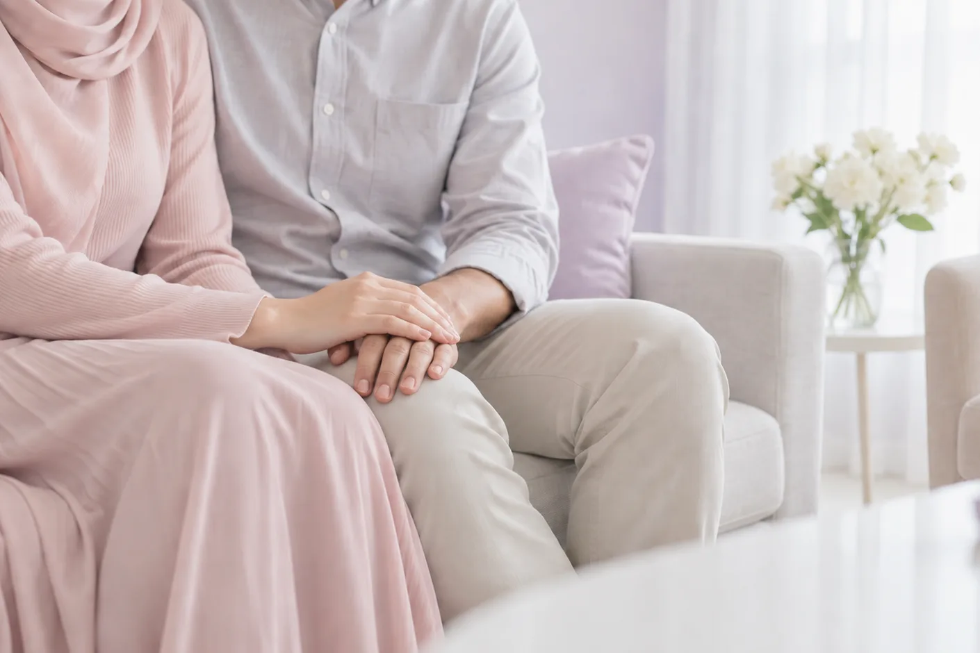A couple sitting side by side on a sofa, holding hands