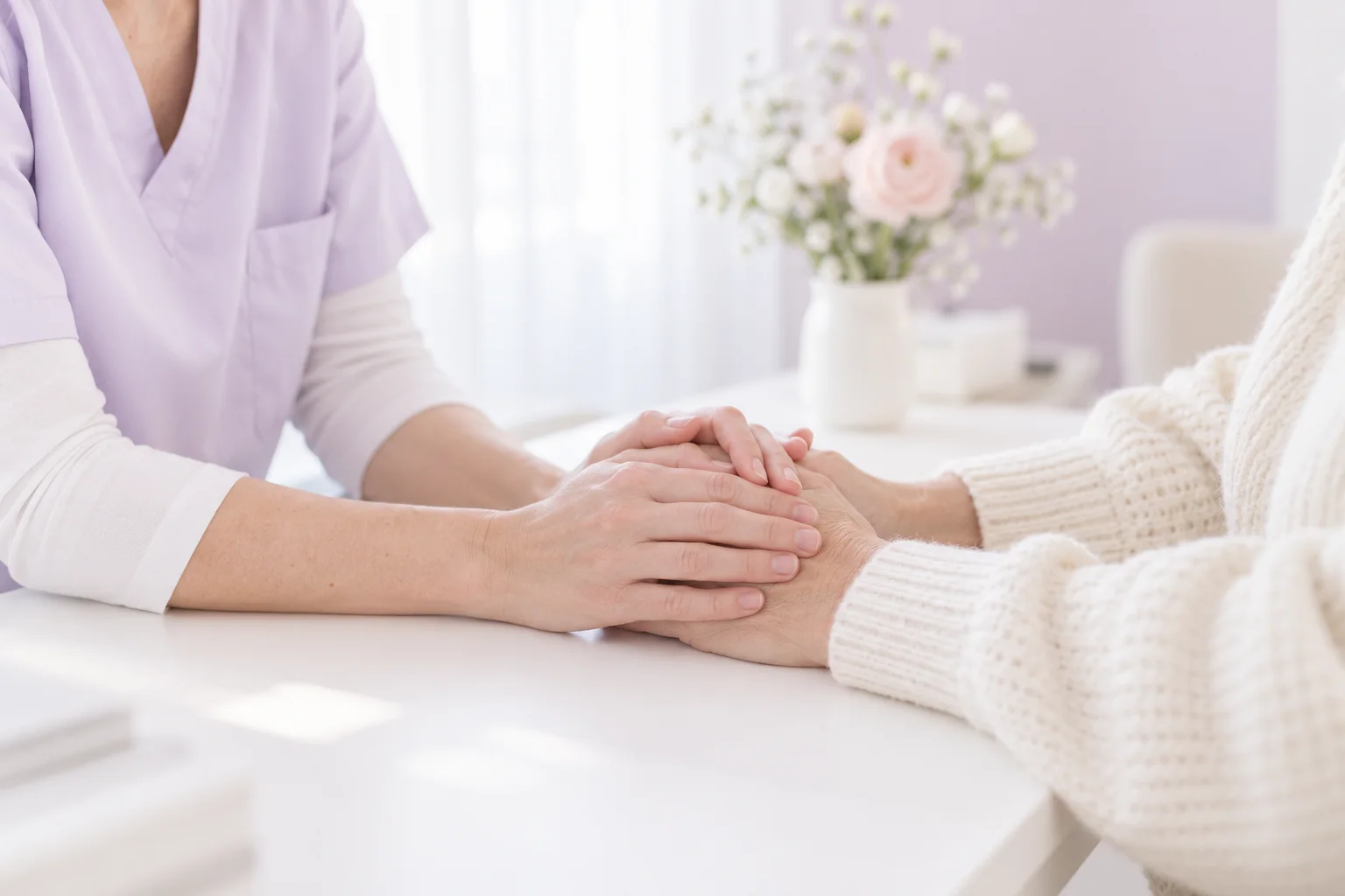 A doctor holding a patient's hands across the desk