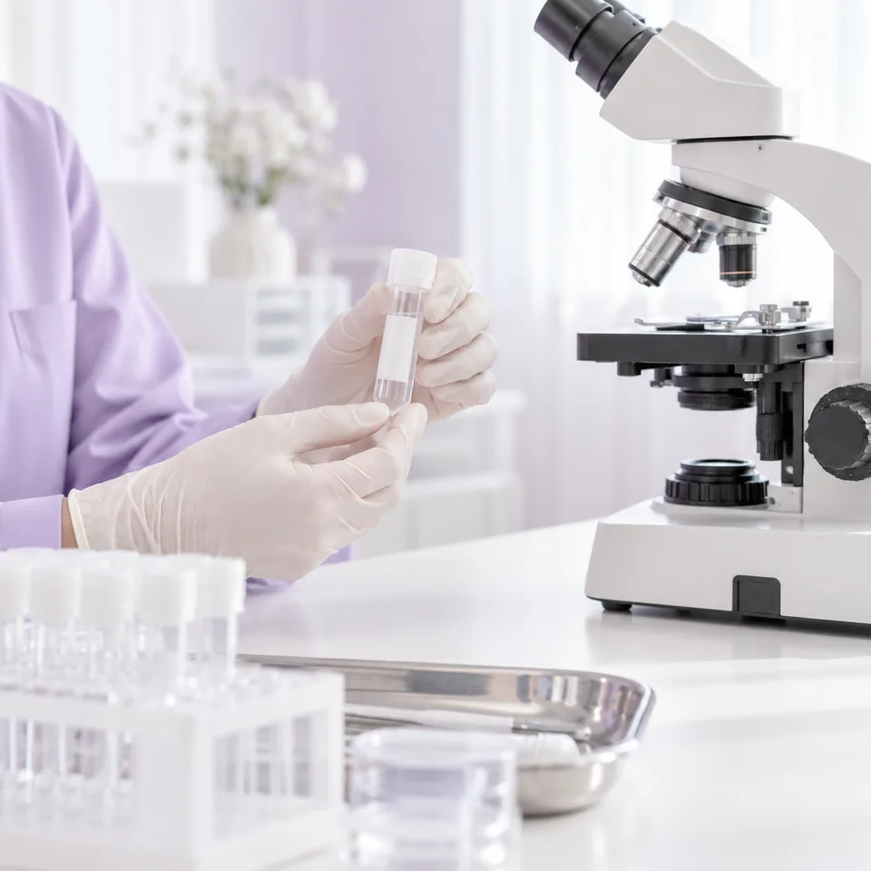 Gloved hands holding a small sterile sample tube in a clinic