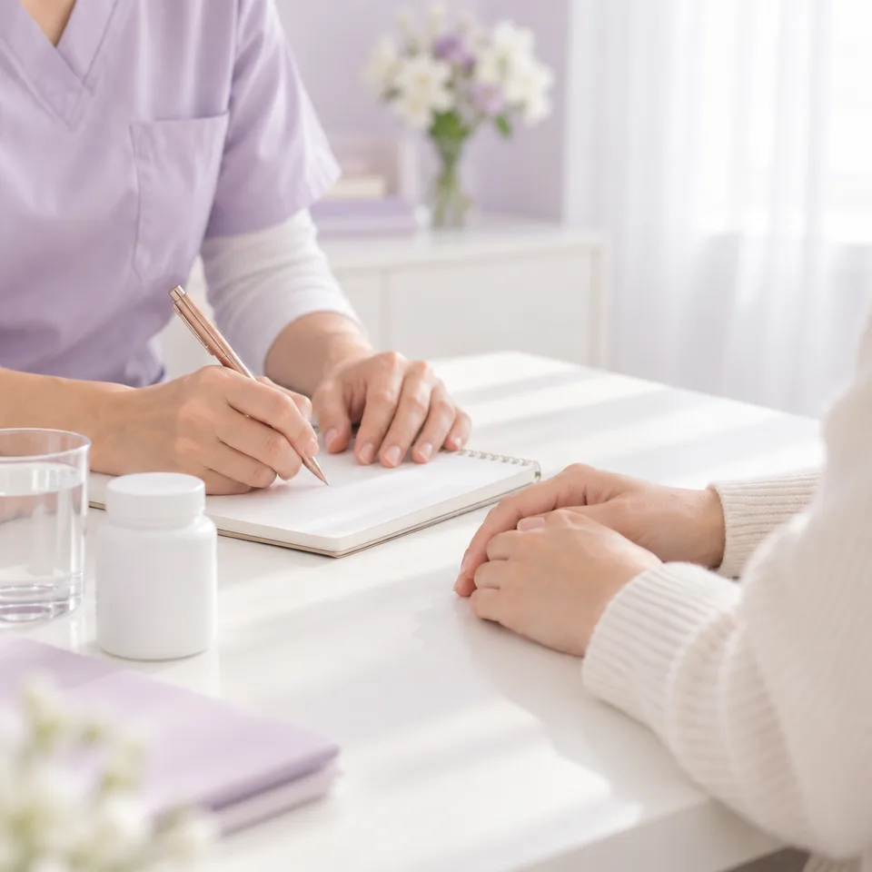 A doctor writing a plan while the patient listens across the desk