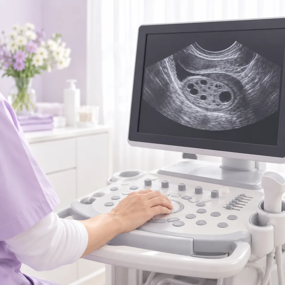 An ultrasound screen showing a scan of an ovary in a bright clinic room