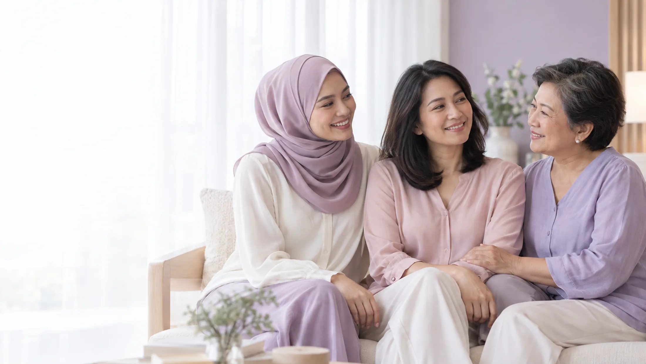 Three generations of women, a daughter, mother and grandmother, sitting together