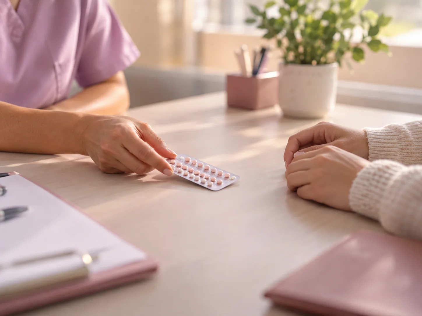 A doctor passing a pack of contraceptive pills across the desk to a patient