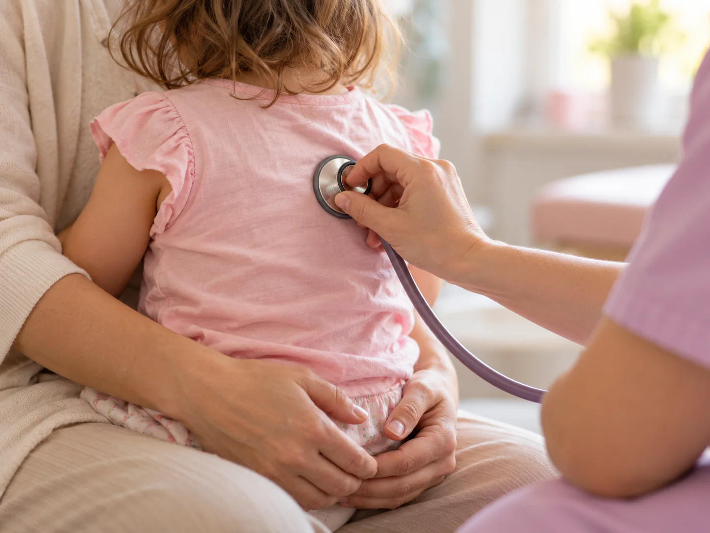 A doctor listening to a toddler with a stethoscope while the mother holds the child
