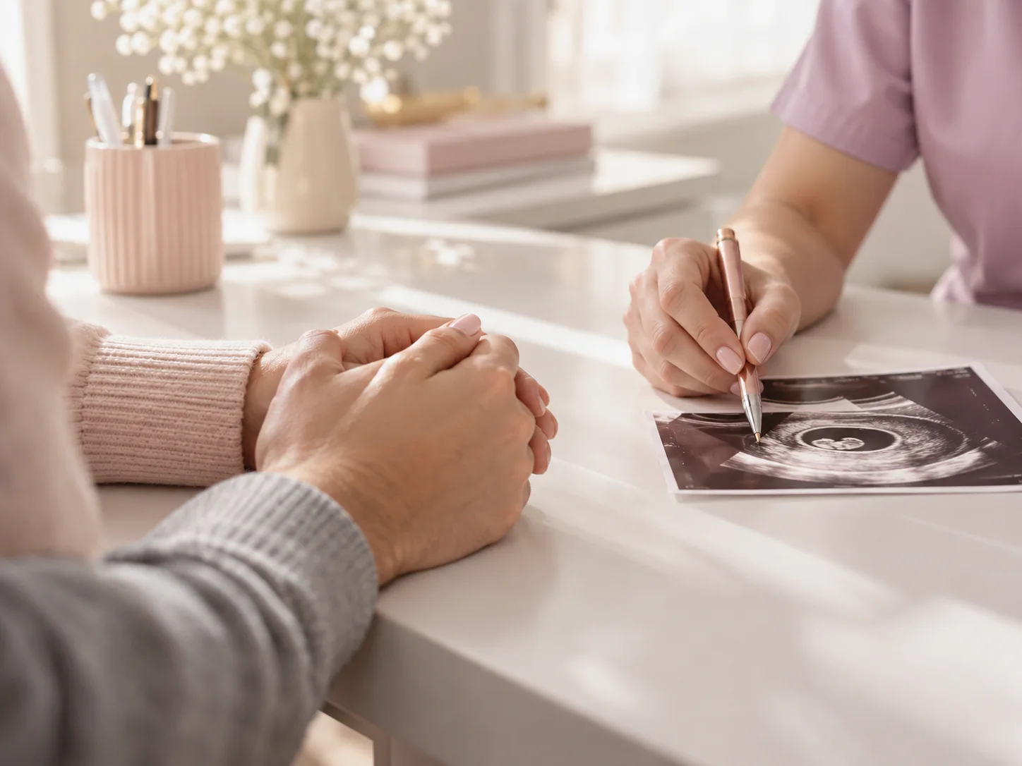 A couple holding hands while a doctor explains a scan picture