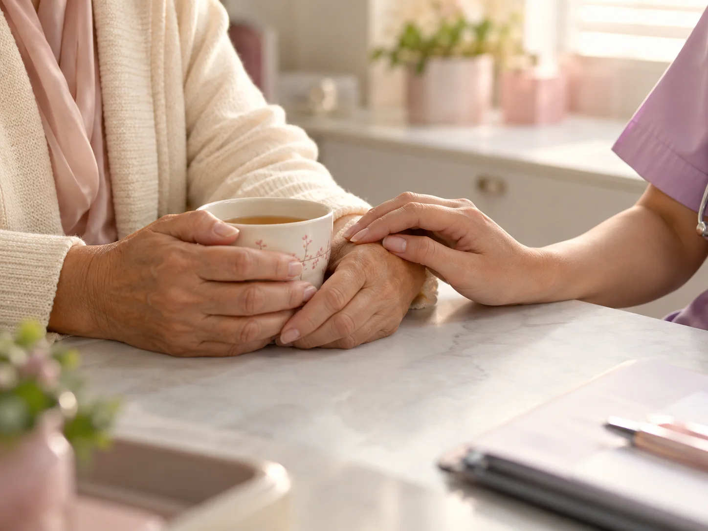 A woman holding a cup of tea while a doctor rests a hand on her wrist