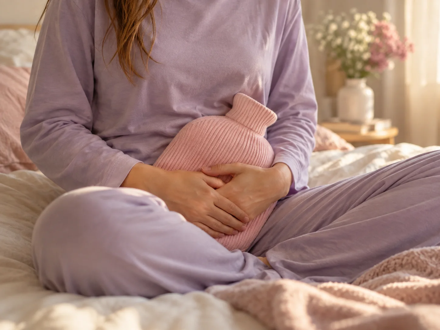 A woman holding a hot-water bottle against her lower belly