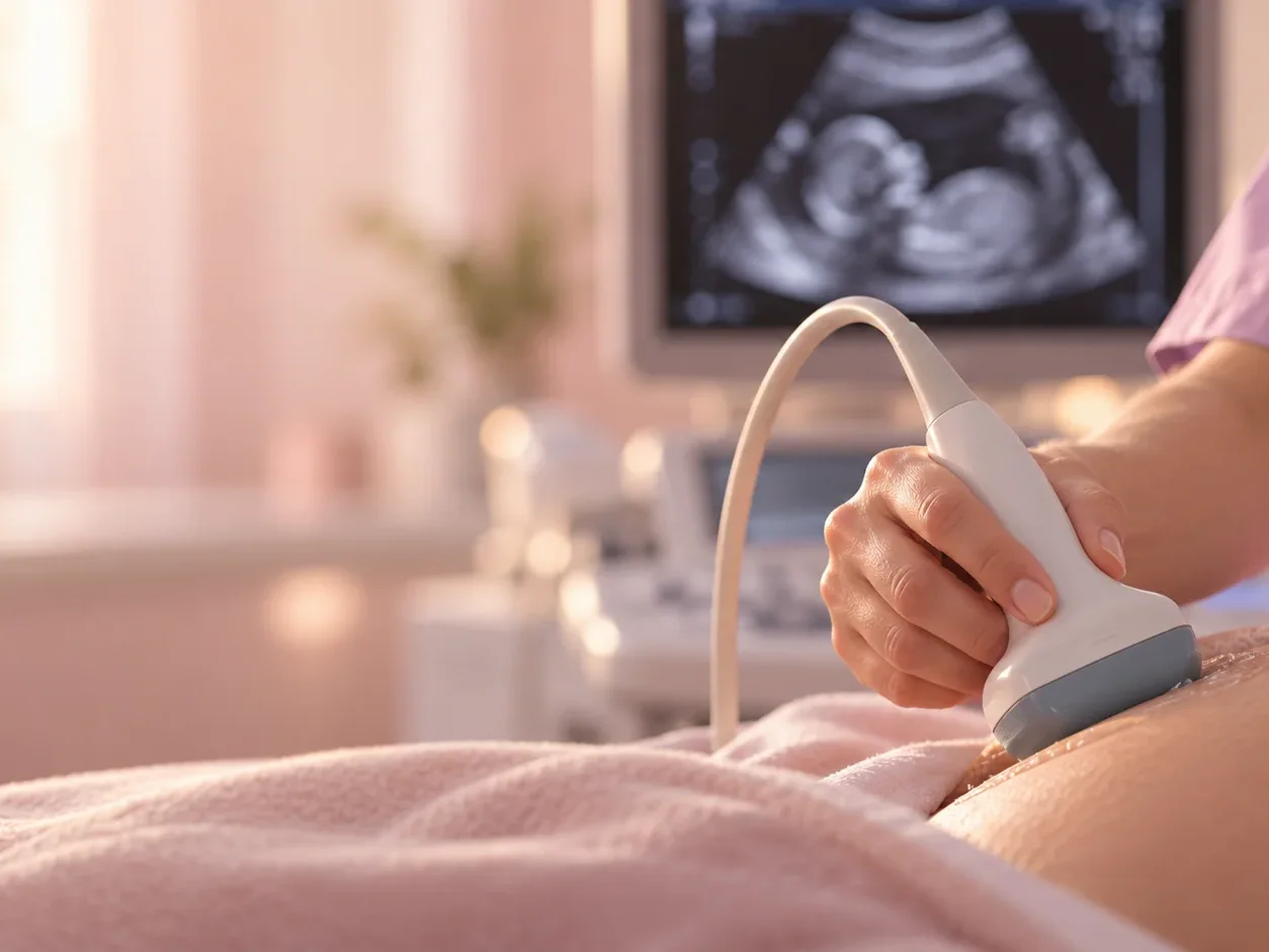 A doctor holding an ultrasound probe during a pregnancy scan, the baby visible on the screen behind